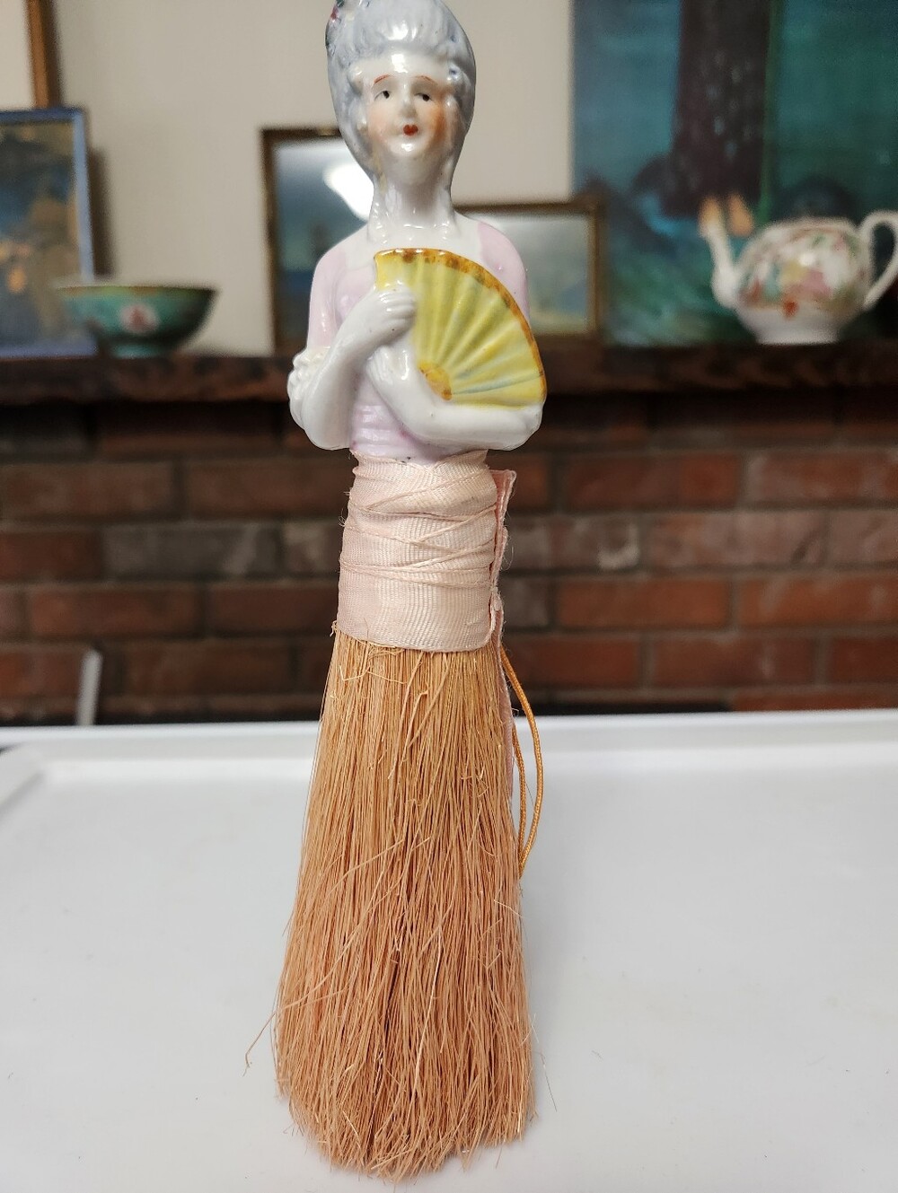 Porcelain Figurine Duster Brush with Pink Dress and Yellow Fan- Antique